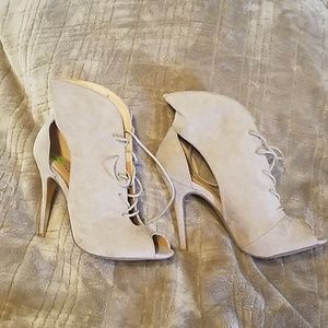 Tan suede peep heels
